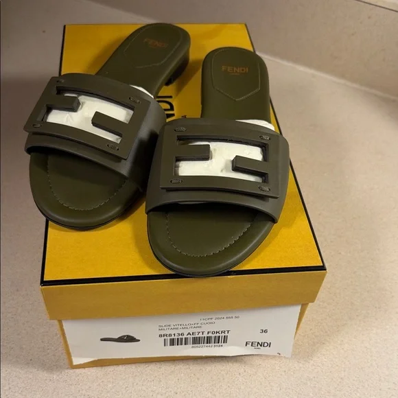Fendi Khaki Slide Sandals - Picture 1 of 5